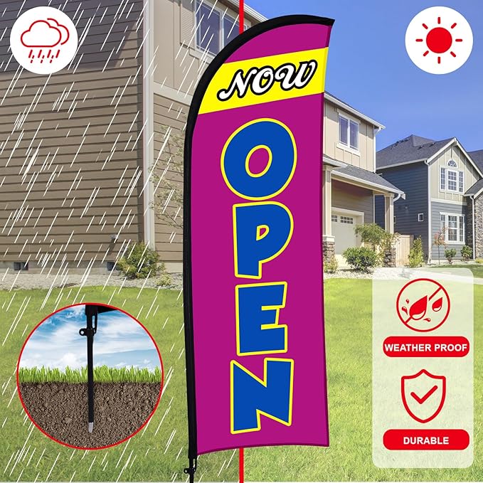 Buryeah 3 Sets Now Open Feather Flag Pole Kit for Business Advertising 7 ft Open Flag Banner Sign with Pole Kit Ground Stake and Portable Bag for Outside Ground (Lavender)