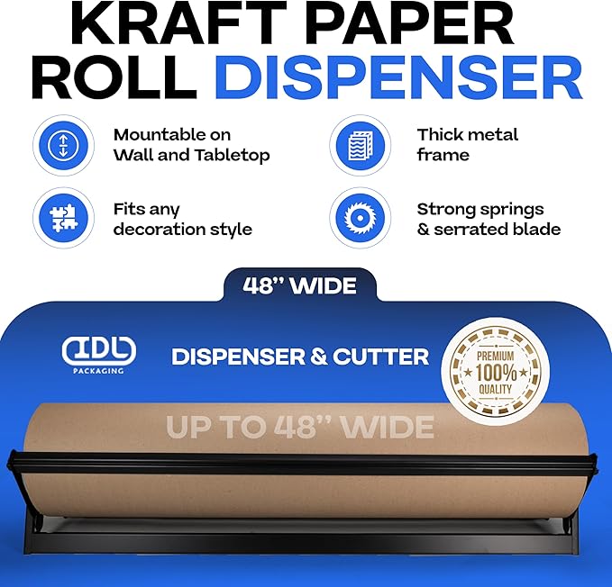 IDL Packaging 48" Kraft Paper Roll Dispenser & Cutter for Rolls up to 48" Wide and 9" in Diameter - Tabletop Reinforced Steel Paper Holder with a Cutter for Kraft, Butcher and Freezer Papers