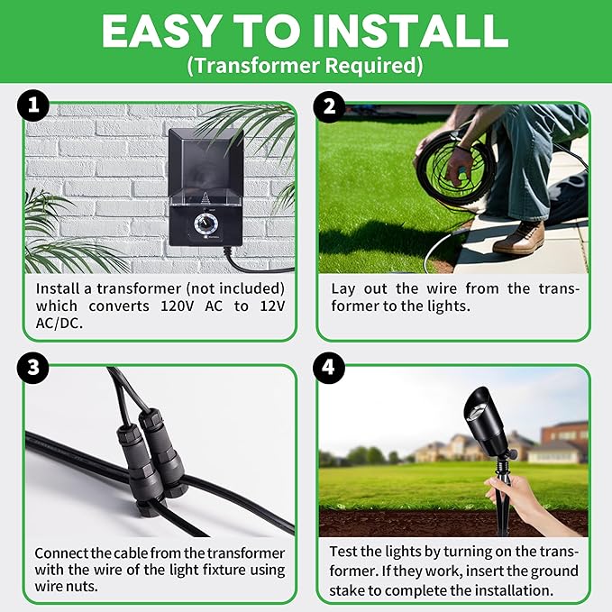 LED Outdoor Spotlight Kit, with 4 Pack Black Low Voltage Landscape Light and 100FT Cable and 20 Wire Connectors, Waterproof Aluminum Light for Patio Yard House, Without Transformer