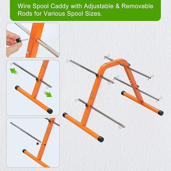SELEWARE Portable Wire Spool Caddy – Heavy-Duty Steel Cable Dispenser with 4 Adjustable Rods for Effortless Spool Storage & Dispensing (Orange)