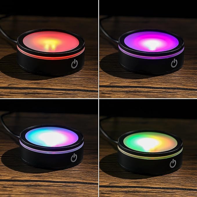 ZEERSHEE 3.3*1inch LED Light Base for Crystal 3D Glass Art Colorful Lighted Round Display Stand 6 Lighting Mode Color Change Battery/USB Power(Flat)