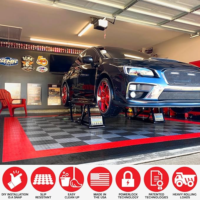 Big Floors RaceDeck CircleTrac, Interlocking Non-Slip Garage Flooring Tile, Durable, Modular, Heavy-Duty Copolymer, Easy Install (Red, 48 Pack of 12 x 12" Tiles)