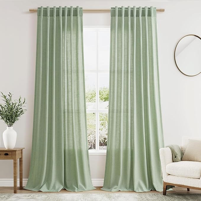 Nanspring Mist Sage Linen Curtains 102 Inches Long Rod Pocket Back Tab Drapes 2 Panels Set for Living Room Bedroom Light Filtering Semi Sheer Mist Sage Curtain 102 Length for Patio Door 52x102