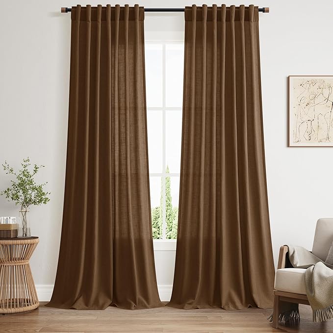 Tobacco Brown Linen Curtains 120 Inch Extra Long for Living Room Back Tab Light Filtering Semi Sheer Drapes Modern Farmhouse Decor Curtain for Floor to Ceiling High Window 52x120,2 Panels