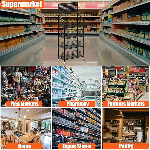 4 Tier Supermaket Snack Rack Display Stand, Free-Standing Black Retail Display Shelves with 12 Hooks & 4 Wheels, Large Metal Snack Shelf for Store Business