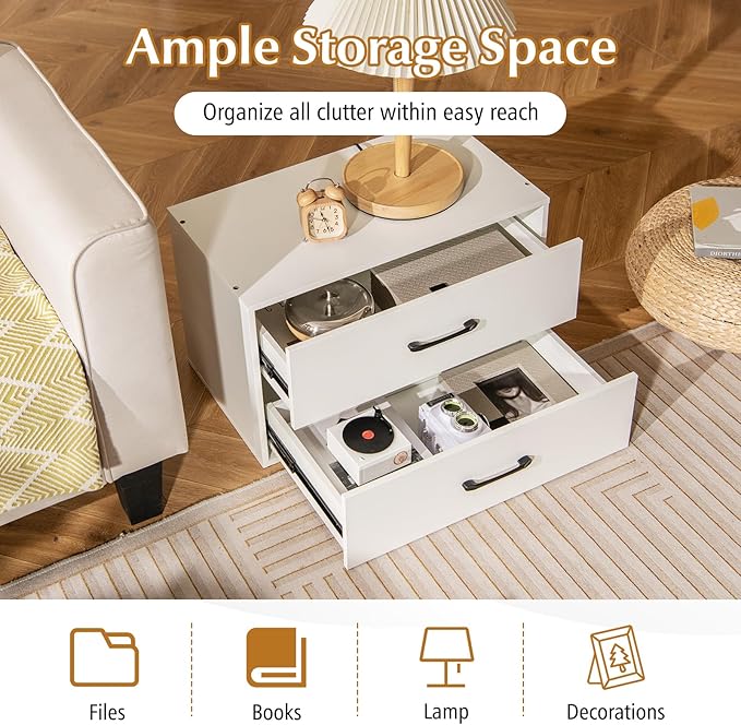 POWERSTONE 2 Drawers Storage Cabinets, Wooden Dresser Organizer, Under Desk Storage for Living Room, Bedroom, Home Office, White