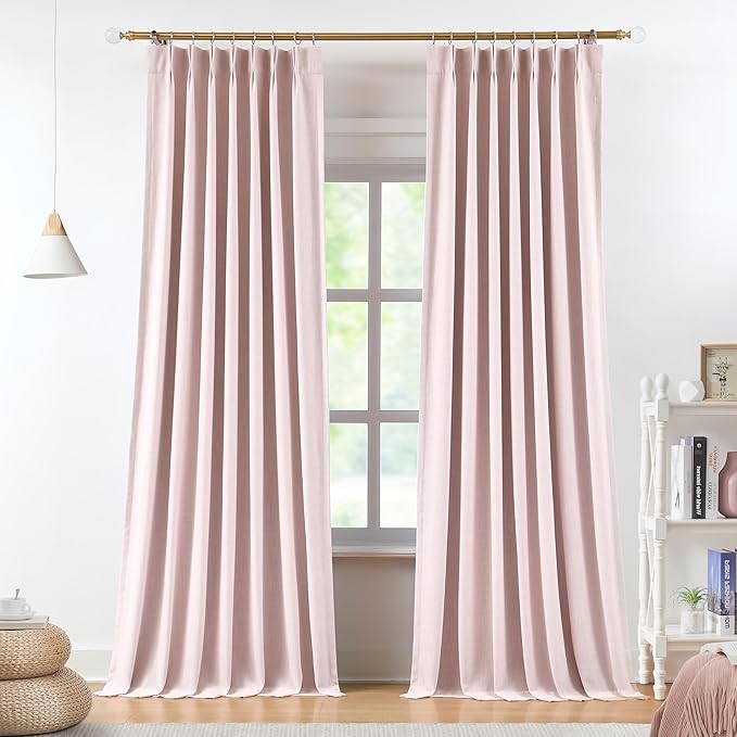 Vision Home Soft Pink Pinch Pleated Full Blackout Curtains Linen Blended Room Darkening Curtain Panels 63 inch for Living Room Bedroom Thermal Insulated Pinch Pleat Drapes with Hooks 40" Wx63 Lx2
