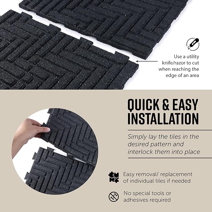Playsafer Herringbone Rubber Interlocking Tiles | 16 X 16 | Easy Install for Indoor and Outdoor Use (Dark Gray, 1 Tile)