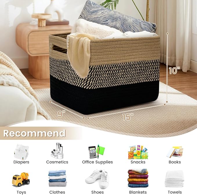 3 Pack Shelf Woven Storage Basket, Closet Rope Baskets For Organizing, 15 x 10 x 9” Square Bins with Handles, Black+Brown