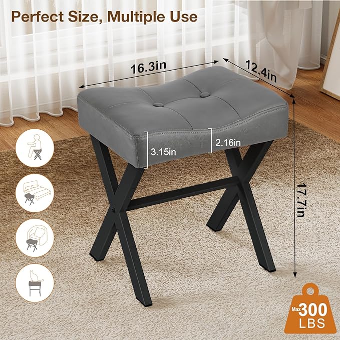 18-Inch Leather Vanity Stool Chair, Vanity Bench with Metal X-Leg, Ottoman Accent Stool with Thick Padded Saddle Seat, Gray