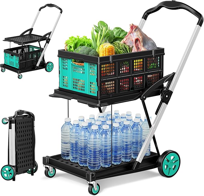 Collapsible Shopping Cart with Wheels, 6-in-1 200LBS Capacity Grocery Cart on Wheels with 1 Storage Crate, Folding Utility Cart for Shopping, Travel, Supermarket, Office, Teal
