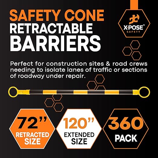 Retractable Barrier for Safety Traffic Cones - 2" OD - Large Yellow and Black Bar Barricade - for Road Construction, Parking, Warning, Temporary Security Divider (360, Yellow & Black, 72" x 120")