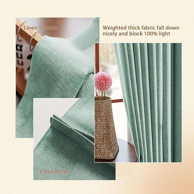 Textured Linen Pinch Pleats 100% Blackout Curtains for Bedroom/Living Room Blackout Curtains 84 Inches Long, Energy Saving Window Treatment Curtains,84Wx84Lx2,Green