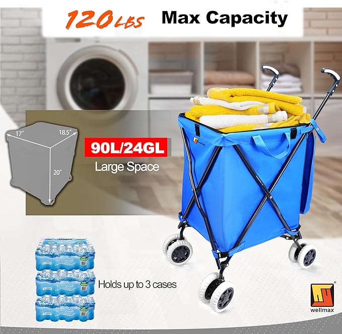 Foldable Shopping Cart with Wheels – Wellmax WM99100 Series Grocery Cart on Wheels with Removable Canvas Bag & Cover, Portable Utility Cart for Laundry, Groceries & More – Holds 120 lbs (Blue)