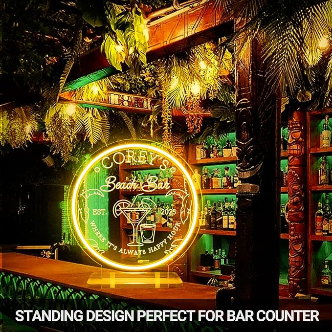 Custom Beach Bar Neon Sign for Wall Decor, Personalized LED Neon Home Bar Signs, Customized Neon Lights Cocktail Coconut Tree Signs for Man Cave Pub Tavern Bistro Lounge Pool Party Poolside Outdoor