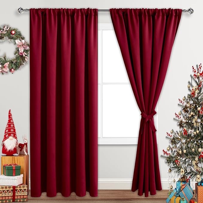 JIUZHEN Christmas Blackout Curtains for Bedroom - Thermal Insulated Room Darkening Rod Pocket Curtains for Living Room, Set of 2 Panels with Tiebacks, 70 x 96 Inch Length, Red