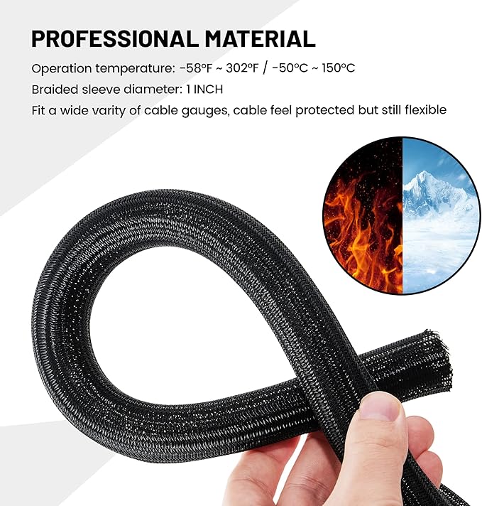 RED WOLF Cable Sleeves Cord Management Braided Wire Loom Split Sleeving 3/8 Inch x 10 FT Protector Wiring Cable Cover Flexible Self-Wrap for Automotive Home Office Anti-Scratch High-Temperature Black