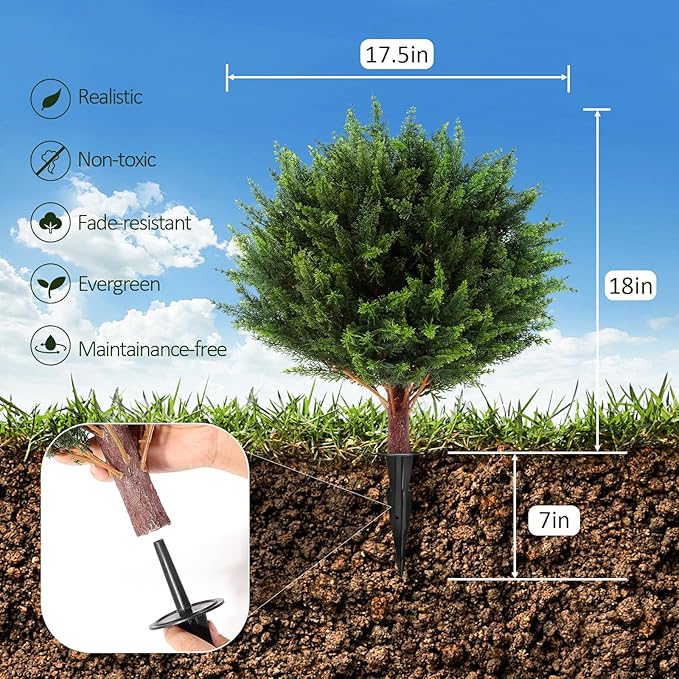 LadyRosian Artificial Cypress Topiary Tree, 25 Inch 2 Set Outdoor Faux Cypress Bush Plants,Indoor Ball Trees with Ground Spike, Fake Potted for Home Front Porch Decor Outside Garden
