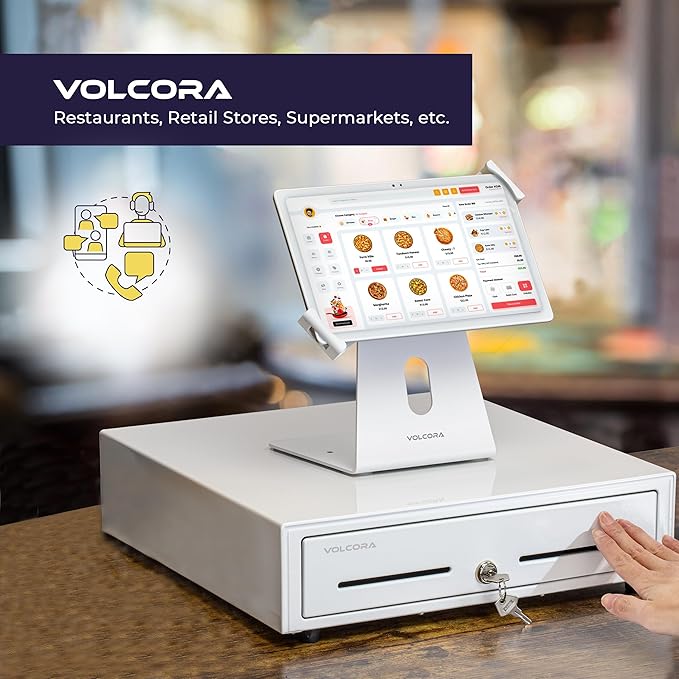 Volcora 16" Push Open Cash Register Drawer for Point of Sale (POS) System, Partial Removable White Heavy Duty Till with 5 Bills/8 Coin Slots, Key Lock and Double Media Slots