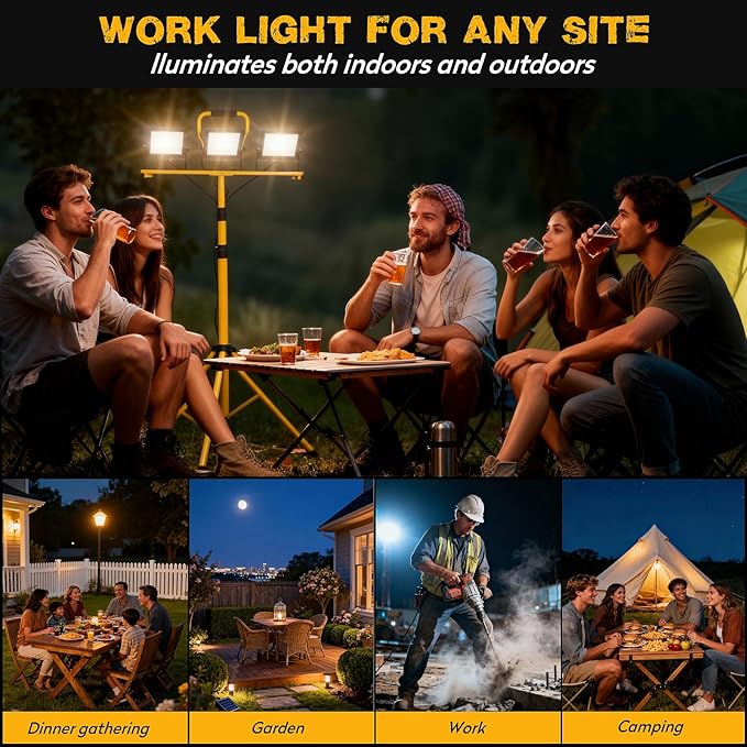 21000Lumen LED Work Lights with Stand, 3 Head Portable Work Light with 16ft Cord, Ip66 Waterproof Tripod Outdoor Work Light for Job Site Workshop Garage Construction Lights