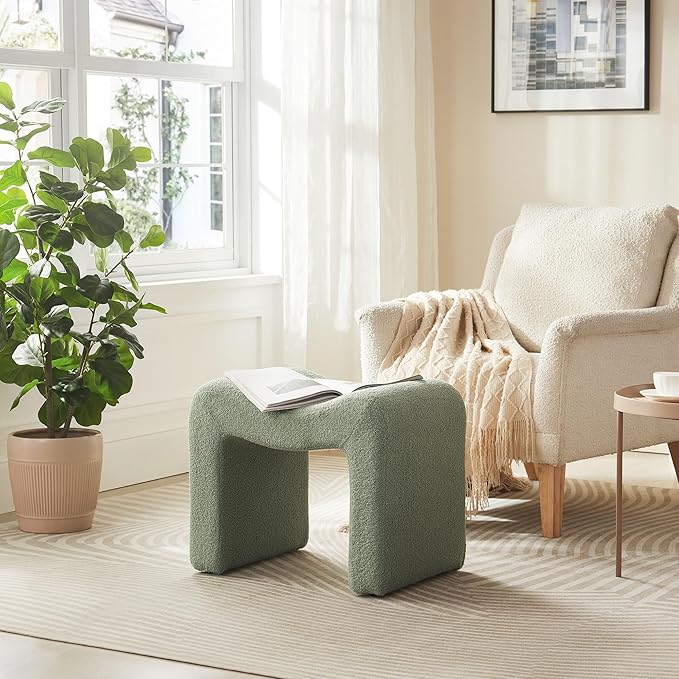Vanity Stool Foot Rest Small Footstool Ottoman Chair Seating Backless Modern Teddy Velvet Ottoman for Makeup Room Living Room Bedroom Entryway,(Single 1) Green