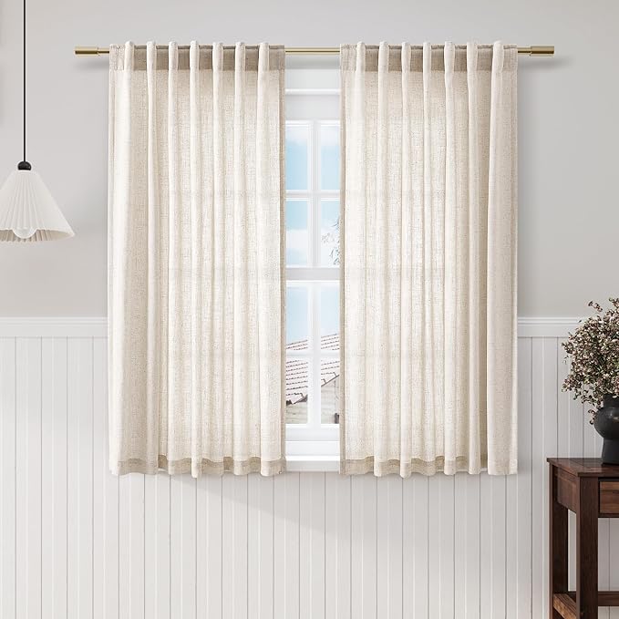Nanspring Beige Linen Sheer Curtains 54 Inch Length 2 Panel Set Back Tab Pocket Semi Sheer Light Filtering Short Curtain Soft Elegant Aesthetic Small Window Drapes for Bathroom 52x54 inches Long