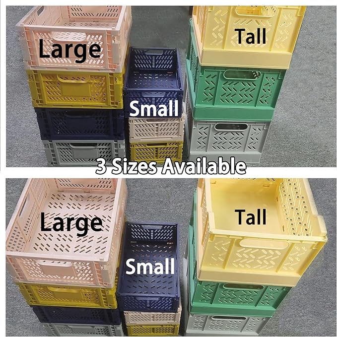 Domiella 2-Pack Crates for Storage, Storage Crates Plastic Stackable, Foldable Crate for Office Home Kitchen Bedroom Bathroom (Small, Pink)