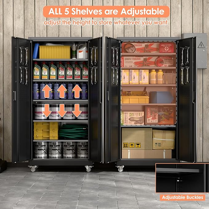 Aobabo Upgrade 71H''*34''W*18''D Metal Garage Storage Cabinet with Wheels and Pegboards, 5 Adjustable Shelves Steel Storage Cabinets for Home,Warehouse,Garage,Black,Assembly Required