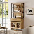 WAMPAT Modern 72" Tall Bookcase with Drawer and Open Book Shelfs, Library Book Shelf with Glass Doors Storage Cabinet, Wood Freestanding Bookshelf for Home Office, Living Room, Oak