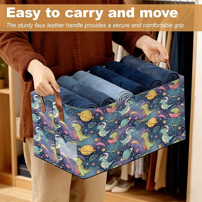 Decorative 32L Space Dinosaur Storage Bins with Handles, Organization and Storage, Cube Storage Organizer for Hamper, Nursery