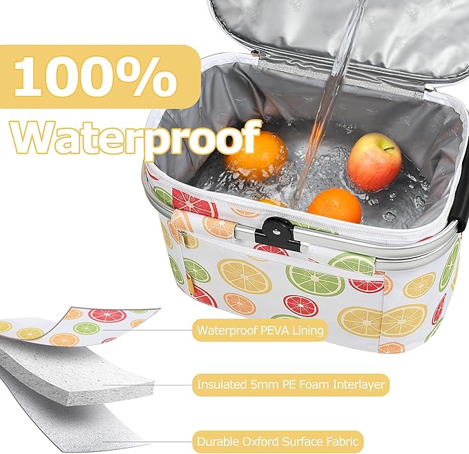Tirrinia Large Insulated Picnic Basket, 34L Water Resistant & Leakproof Collapsible Portable Cooler Basket Set with Aluminium Handle for Travel, with a Free Foldable Grocery Bag, Yellow Lemon