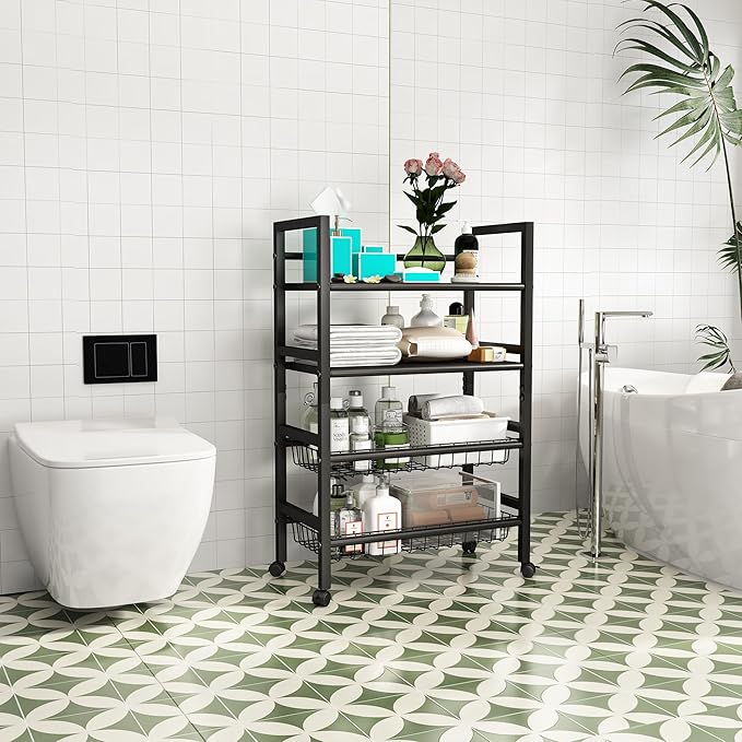 4-Tier Metal Rolling Cart with Removable Grid Shelves, Lockable Wheels & Handle for Kitchen, Bathroom, Office Storage, Black (Medium)