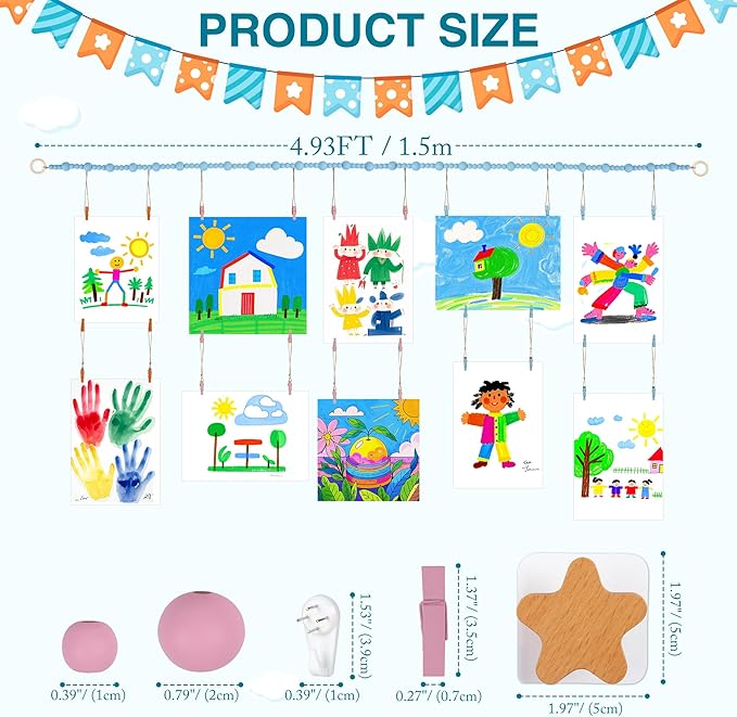 KOLLIEE Kids Artwork Display Art Wall Decor 4.93ft Boho Wooden Beaded Garland Collage Holder with Hanging Rings Wooden Stars Hook 40 Wood Clips for Kids Artwork Photo Room Bedroom Decor Blue