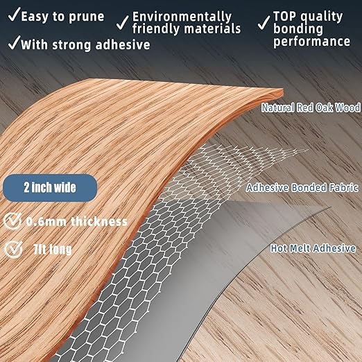 Red Oak Edge Banding, 2 inch x 7ft Plywood Veneer Wood Edge Banding, Preglued Wood Tape Banding for Cabinet Repair