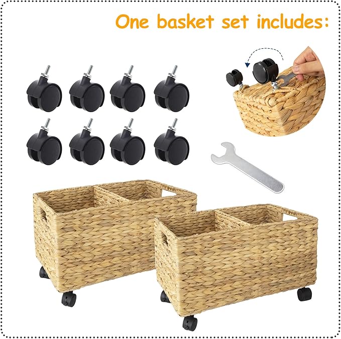 PEMAR Rolling Wicker Storage Basket Set of 2 – Natural Water Hyacinth & Seagrass Bins on Wheels with Removable Divider & Insert Handles – Nesting Design for Under Desk, Home & Office Organization