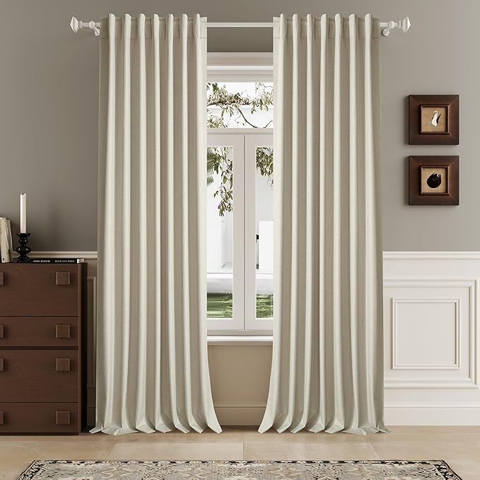 120 Inch Extra Long Linen Natural Birch Curtains Floor to Ceiling for Sliding Glass Doors 2 Panels, Flax Linen 100% Blackout Elegant Boho Thermal Curtains for Large Windows 10 FT Drapes,50 x 120 Inch