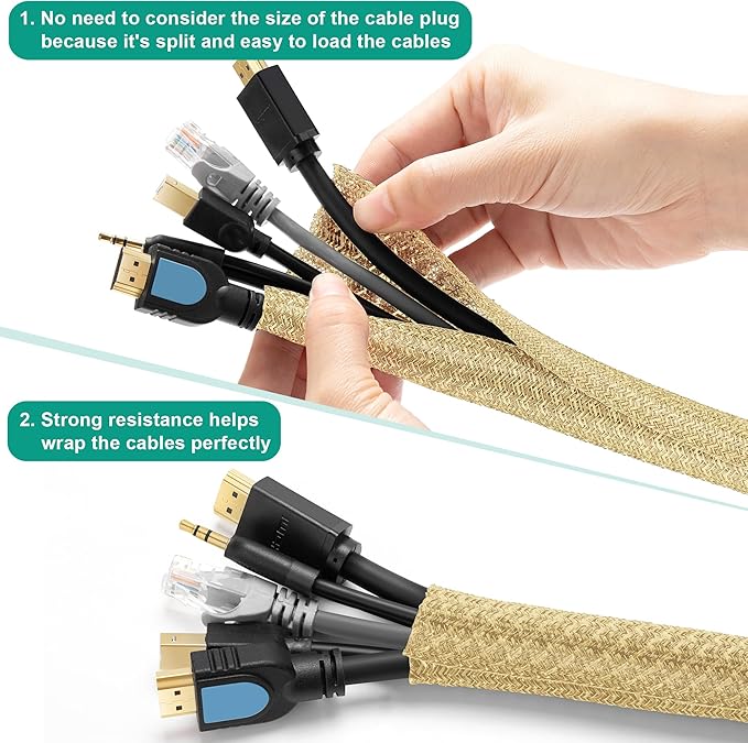 6.6ft - 1 inch Gold Cable Sleeve, Cable Organizer for Desk PC TV Computer, Wire Protector Cable Wrap Cover, Cord Management for Home Office