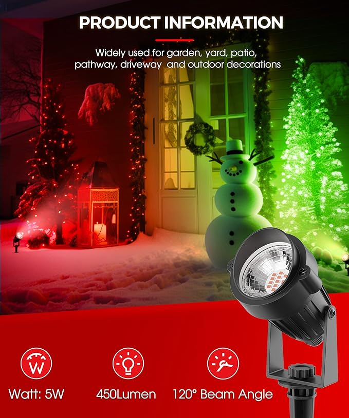 L LOHAS LED Christmas Spotlight Outdoor, Red Spot Lights for Yard, Auto On/Off 5W 120V Landscape Lighting for House, Holiday, Trees, Decoration, 450LM IP66 Waterproof, UL Listed, 2 Pack