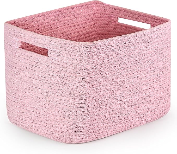Shelf Woven Storage Basket, 15 x 10 x 9” Closet Rope Baskets For Organizing, Square Bins with Handles, Pink 1 Pack