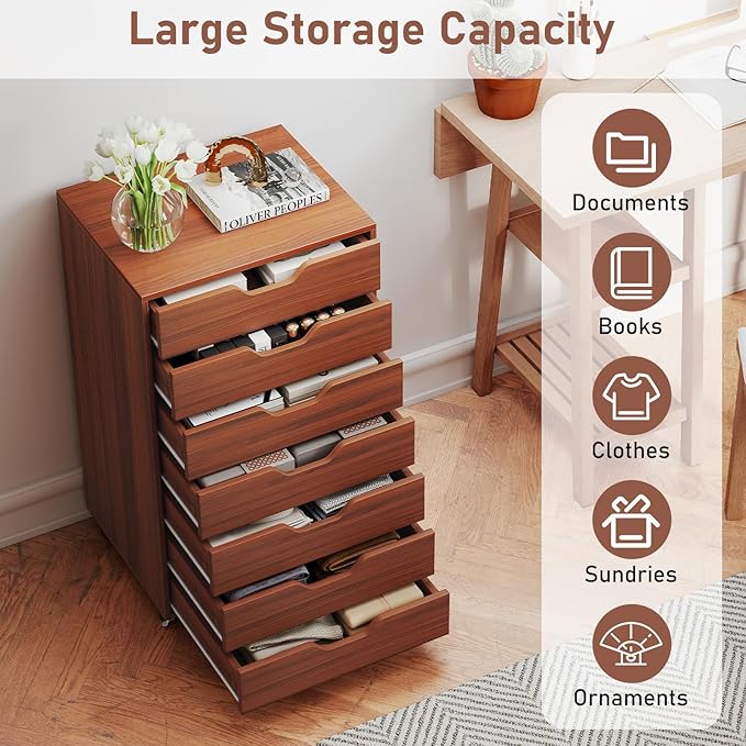 7 Drawer File Cabinet, Mobile Filing Cabinet w/Universal Wheels, Wood Printer Stand with Storage, Rolling File Cabinets for Home Office, Living Room, Bedroom (Walnut, 7 Drawers)