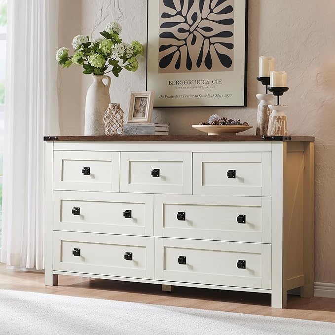 RedLemon Farmhouse 7 Drawer Dresser for Bedroom, 54 Inch Wide Rustic Wood Dresser TV Stand, Dresser Chest of Drawers for Closet, Living Room, Hallway, Antique White
