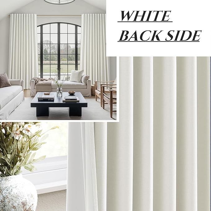 Cute Blackout Curtains 60 Inches Extra Wide Linen 84 Inch Length for Living Room/Sliding Glass Door,Pleated Heavy Duty Thermal Drapes for Winter Thick Large Window(60"Wx84"L 2 Panels Beige White)