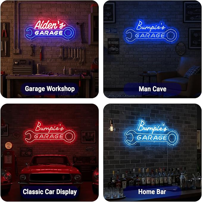 Garage Neon Sign for Mens Wall Decor, Custom LED Light Car signs for Auto Repair Shop Man Cave Workshop Gift for Father Dad Husband, Personalized Gifts for Cars Guy Mechanic Shop Accessories