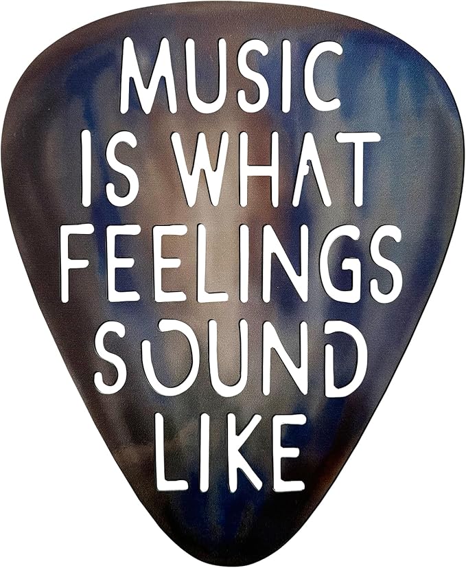 AZEZO Metal Guitar Pick Décor, 12’’x10’’ Music Wall Art, Stainless Guitar Wall Art, Featuring ‘Music Is What Feelings Sound Like’
