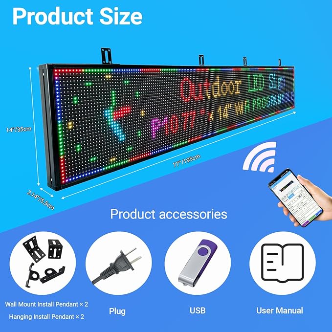 77”x14” Programmable LED Display Sign, P10 Outdoor Digital Scrolling Message Board with WiFi/USB Control, High Brightness Waterproof Screen for Business Advertising & Menu