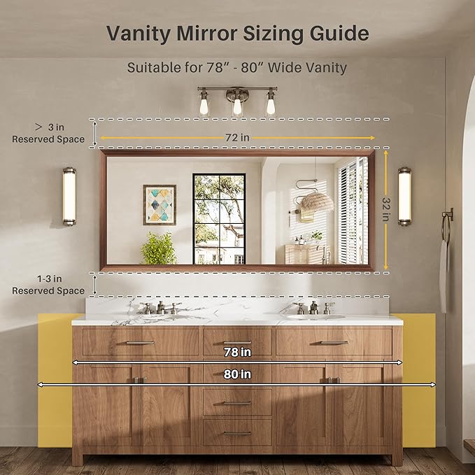 72x32 Inch Bathroom Mirror for Wall, Anti-Rust Walnut Wood Grain Metal Framed Bathroom Mirrors for Over Sink,Rectangler Mirrors for Bathroom Vanity, Farmhouse, Bedroom, Living Room, Entryway Decor