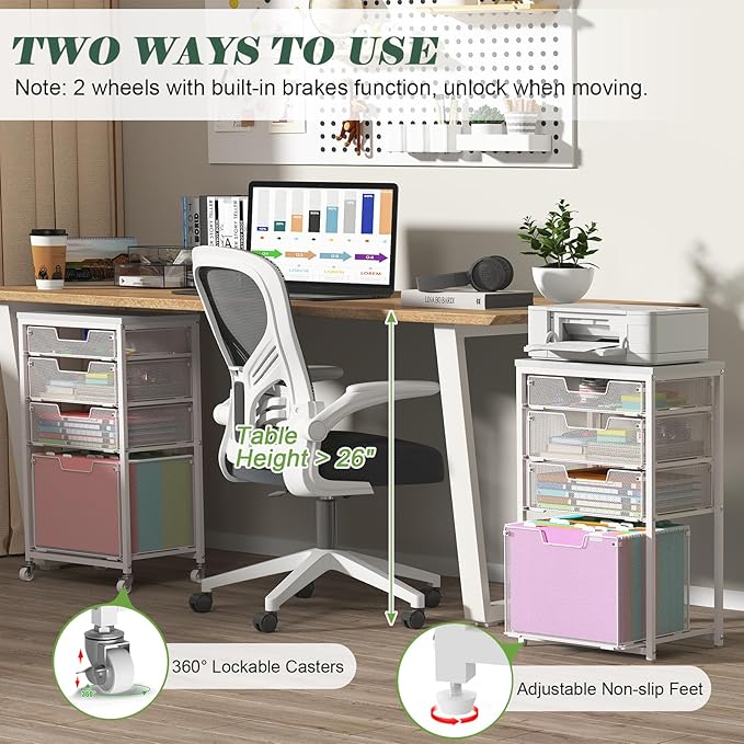 4 Drawer Rolling File Cart with Wheels, Mobile Filing Cabinet for Home Office, Hanging File Organizer, Under Desk Storage, Multifunctional Utility Cart Printer Stand, White (Patent Pending)