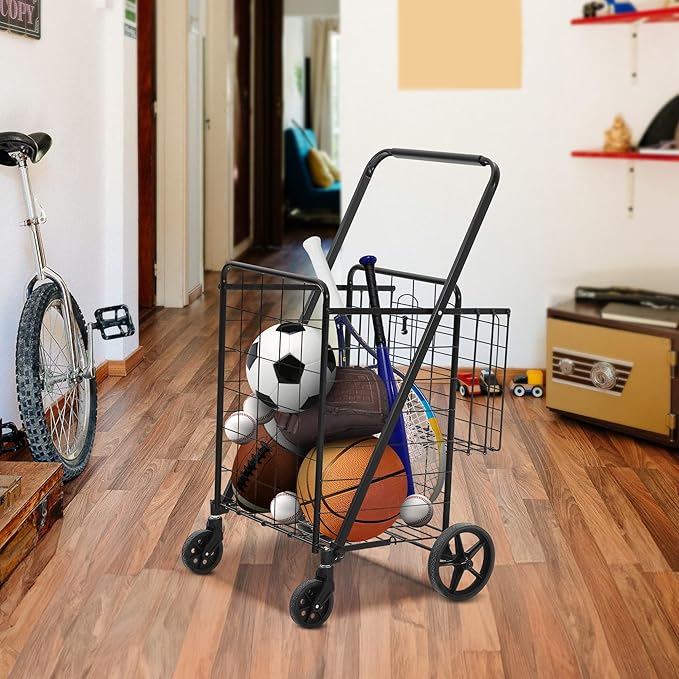 DWVO Jumbo Folding Shopping Cart with Wheels, Rolling Foldable Grocery Cart with Double Basket, Portable Collapsible Utility Cart for Shopping Groceries Laundry Storage Organizer
