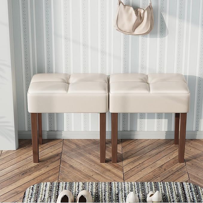 Leather Vanity Stool, 18.7 Inch Wide Rectangle Ottoman Bench for Makeup Room, Vanity Chair with Wood Legs for Piano Room, Bedroom,Living Room with Customizable (Cream)