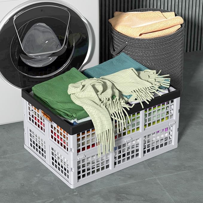 42 L Plastic Stackable Collapsible Storage Crate, 4-Pack Stacking Folding Storage Basket, Utility Crate Basket Containers